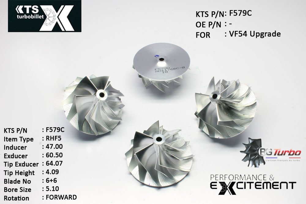 Turbo ROUE FORGÉE MFS PERFORMANCE - 6+6 PALES - INDUCER : 47 - EXDUCER : 60,5 - TYPE : RHF5ANGLE : 60° - ROTATION : Forward - SUPER BACK : 1,53 - BORE SIZE : 5,1
